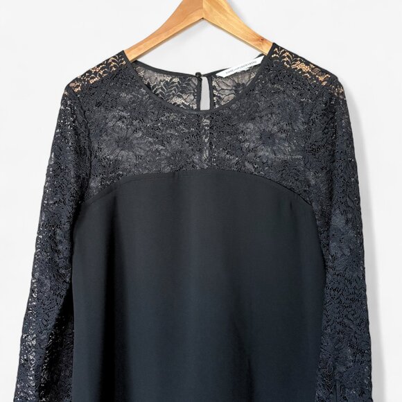 Diane von Furstenberg Lace Trimmed Black Shift Mini Dress Womens Size Medium LBD - Picture 3 of 16